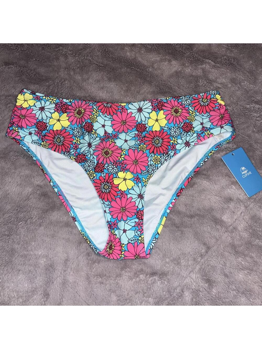 Cupshe Floral Mid Rise Bikini Bottom Size Large NWT Summer Swim Blue Pink Yellow